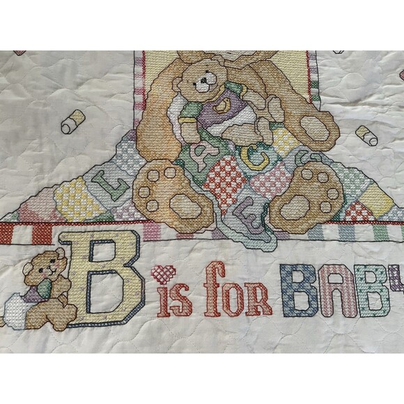 Janlynn Cross Stitched Finished "B is for Baby" Bear Quilt Blanket 31" X 40" VTG - Picture 4 of 5